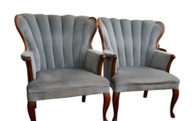 Pair of Vintage Queen Anne Style Upholstered Armchairs