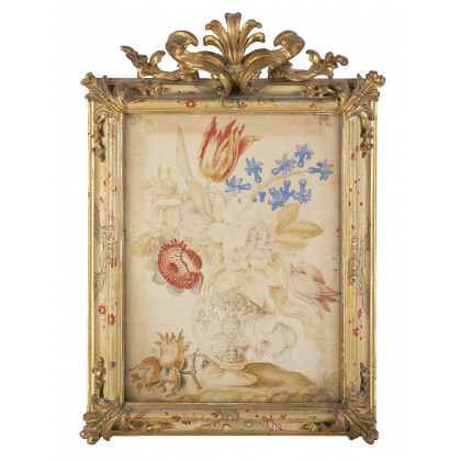 18th-century Piedmont school. Two rectangular papers applied on canvas depicting vase with flower and fruit. Lacquered and carved giltwood frames...