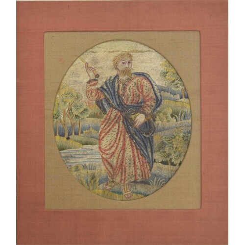 18th century needlework picture of a Saint, stood by a river...