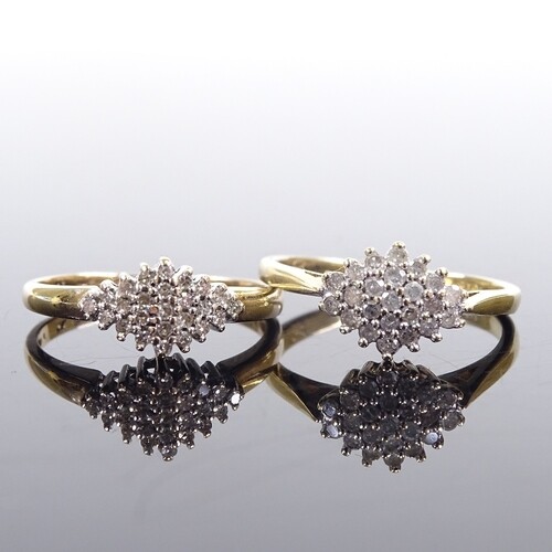 2 9ct gold diamond cluster lozenge dress rings, total diamon...