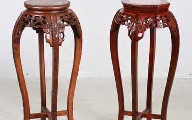 (2) Asian style pierced carved marbletop pedestals