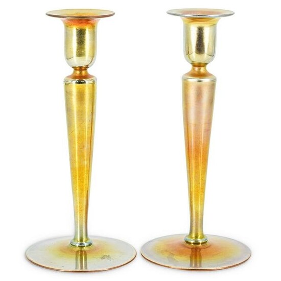 (2 Pc) Pair of Steuben Gold Aurene Candlesticks