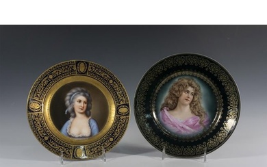 2pc Antique Portrait Cabinet Plates with Gilt Design