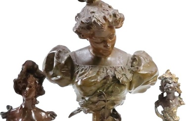 3 Assorted Antique Cast Metal Spelter Art Nouveau Women Busts on Pedestals Statuary