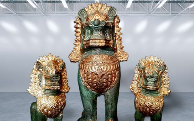 3 Thai temple lions with gold plated