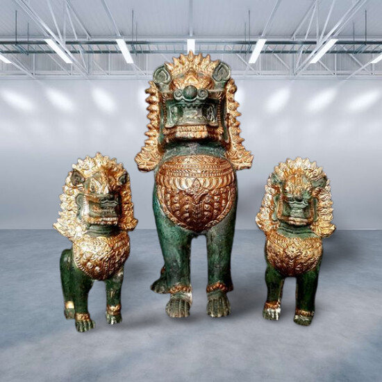 3 Thai temple lions with gold plated