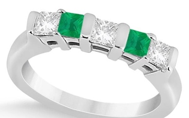 5 Stone Diamond and Green Emerald Princess Ring 14K White Gold 1.00 ctw
