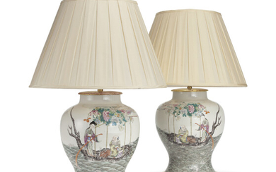 A PAIR OF CHINESE FAMILLE ROSE BALUSTER VASES, MOUNTED AS LAMPS, 20TH CENTURY