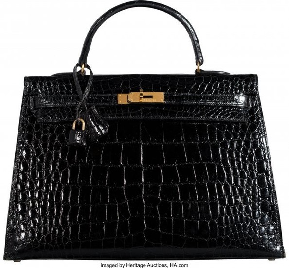 58078: Hermès 35cm Black Caiman Crocodile Sellie