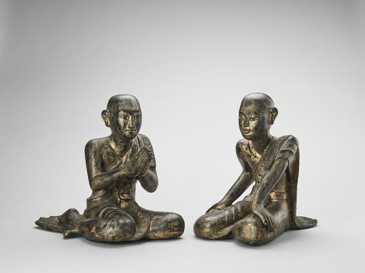 A PAIR OF CARVED AND LACQUERED WOOD WORSHIPPERS