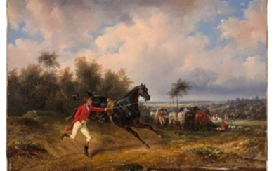 Bernard Edouard Swebach Paris, 1800 - 1870 Une chute de cheval lors d'une chasse