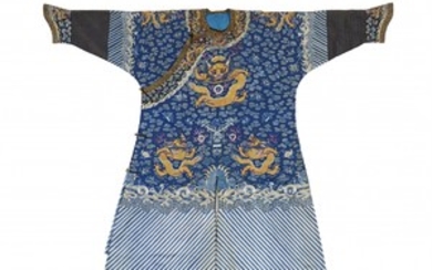 A blue satin embroidered nine-dragon robe (ji ...