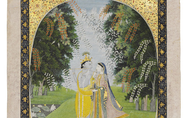 KRISHNA AND RADHA IN A LANDSCAPE, GULER OR KANGRA, PUNJAB HILLS, NORTH INDIA, CIRCA 1840