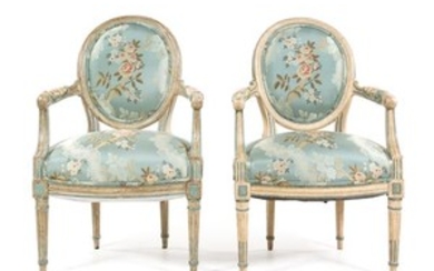 A Pair of Louis XVI Style Painted Fauteuils Height 35
