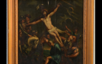 Maestro nordico del secolo XIX "Deposizione dalla croce" olio su tavola (cm 42x52) In cornice (difetti)