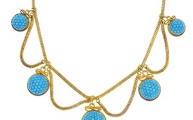 A mid Victorian gold turquoise necklace, with fitted case. View more details