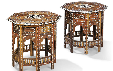 A PAIR OF MOROCCAN HORN AND MOTHER-OF-PEARL-INLAID THUYA WOOD OCTAGONAL OCCASIONAL TABLES, LATE 20TH CENTURY