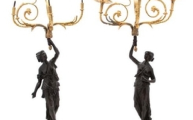 A Pair of Neoclassical Style Patinated and Gilt Bronze Three-Light Candelabra