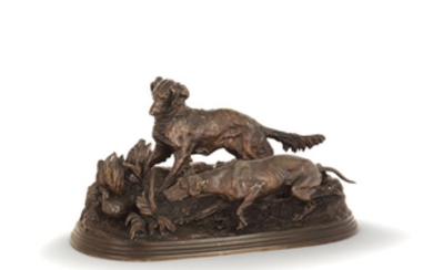 Pierre Jules Mne (1810-1879) Deux chiens l'arrt devant une perdrix...