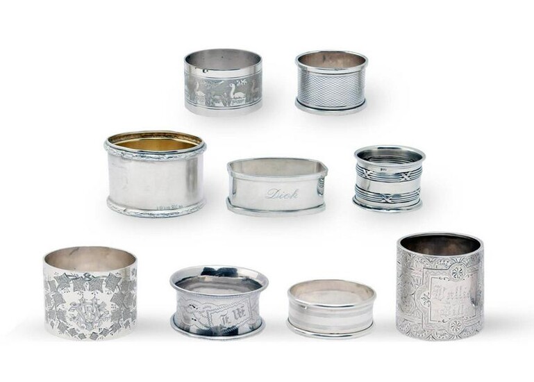 9 English and European Sterling Silver Napkin Rings