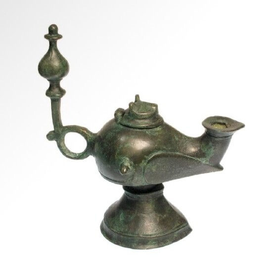 Bronze Oil Lamp With Lion Mask Lid, Seljuk, Persia c.