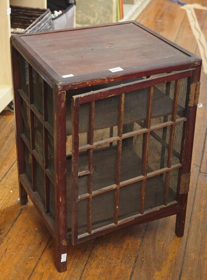 A 19TH CENTURY MINIATURE WOODEN AND WIRE FOOD SAFE