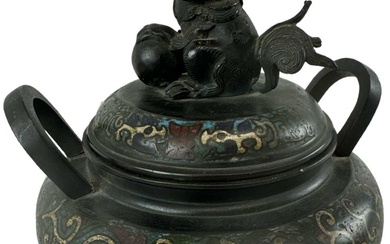 A 19th century Chinese bronze cloisonné enamel lidded twin handled...