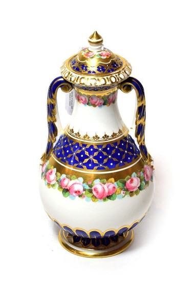 A 19th century Royal Crown Derby twin-handled porcelain covered vase,...