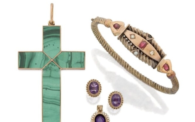 A 19th century Russian, malachite inlaid cross pendant, St Petersburg, stamped 56, approx. length 8cm, together with a boxed pair of 9ct gold and amethyst stud earrings with matching pendant, the earrings with post fittings; and an Edwardian...