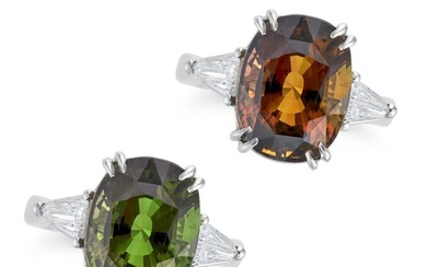 A 9.27 CARAT ALEXANDRITE AND DIAMOND THREE STONE RING set with a cushion cut alexandrite of 9.27