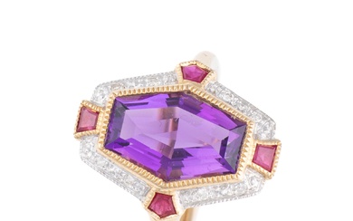 A 9CT GOLD DECO STYLE AMETHYST AND DIAMOND RING
