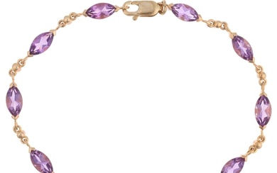 A 9ct gold amethyst tennis line bracelet, set with marquise-...