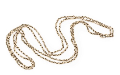 A 9ct gold fancy link long chain, the clasp stamped...