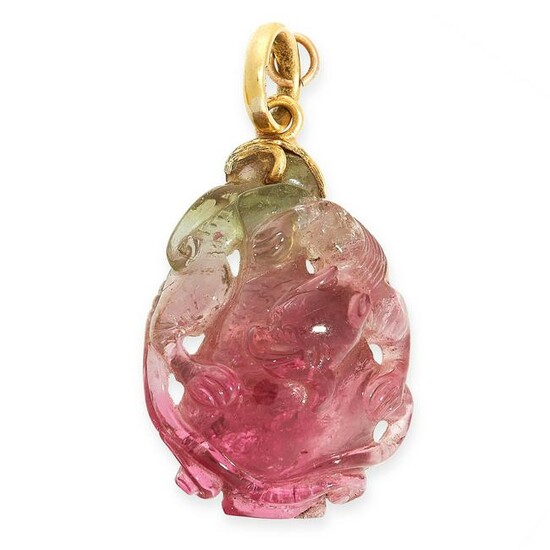 A CHINESE CARVED WATERMELON TOURMALINE PENDANT in 18ct