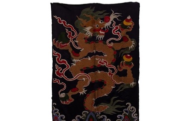 A CHINESE EMBROIDERED DRAGON HANGING PANEL