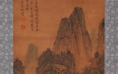 A CHINSE LANDSCAPE PAINTING ON PAPER, HANGING SCROLL, SHEN ZHOU MARK