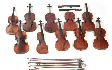 A COLLECTION OF 10 VIOLINS, VIOLIN PARTS AND 8 BOW