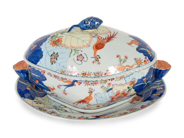 A Chinese Export Porcelain "Tobacco Leaf" Tureen and Tray
