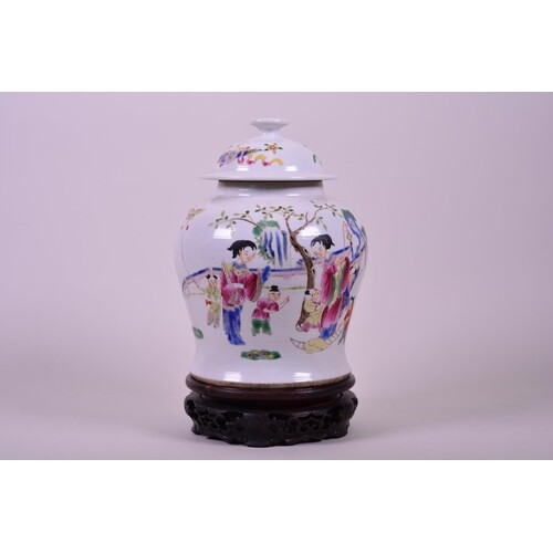 A Chinese Republic ginger jar and cover decorated with women...