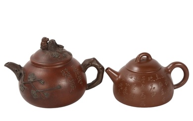 A Chinese Yixing style teapot with monkey knop, character ma...