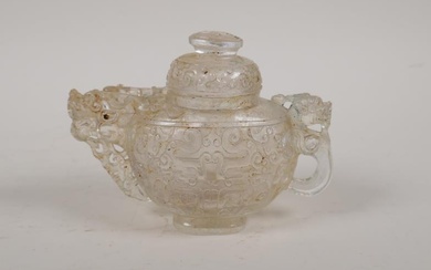 A Chinese archaic style moulded glass/crystal tea pot with...