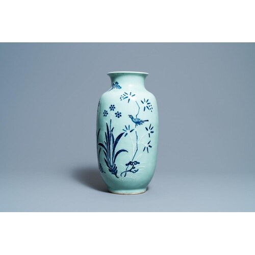 A Chinese blue and white celadon-ground vase, QianlongDescri...