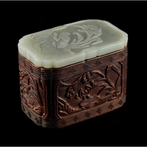 A Chinese carved hongmu rectangular ink box with very pale c...