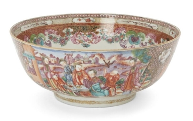 A Chinese export famille rose 'Mandarin pattern' bowl, 18th century, painted with figures at discussion before pavilions within scroll pattern borders 29cm diameter 十八世紀 粉彩繪人園景圖紋潘翠盌