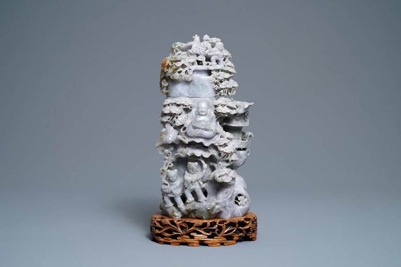 A Chinese jadeite vase and cover with Buddha...