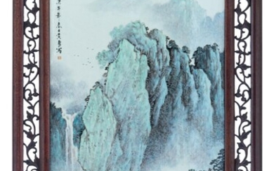 A Chinese 'mountain landscape' porcelain plaque, with a signed text and seal mark, ca. 44 x 71 cm
