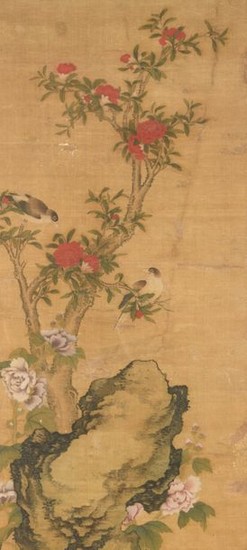 A Chinese painting on silk representing birds on a…