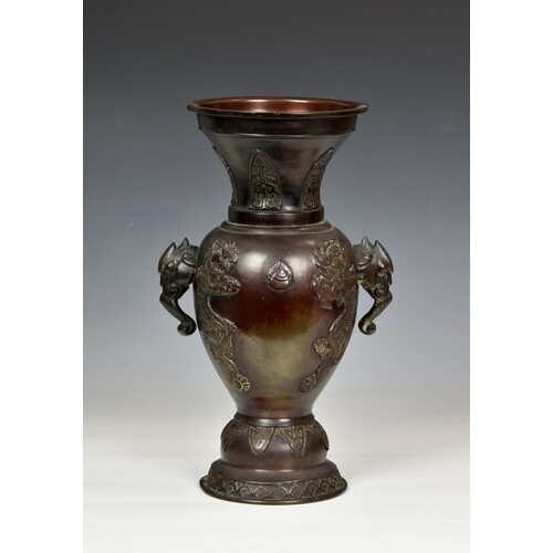 A Chinese patinated bronze two handled vase, probably 19th c...