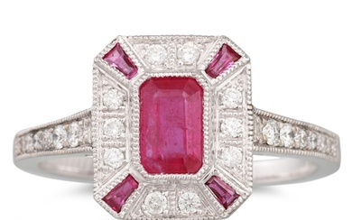 A DIAMOND AND RUBY ART DECO STYLE RING, the emerald cut ruby...