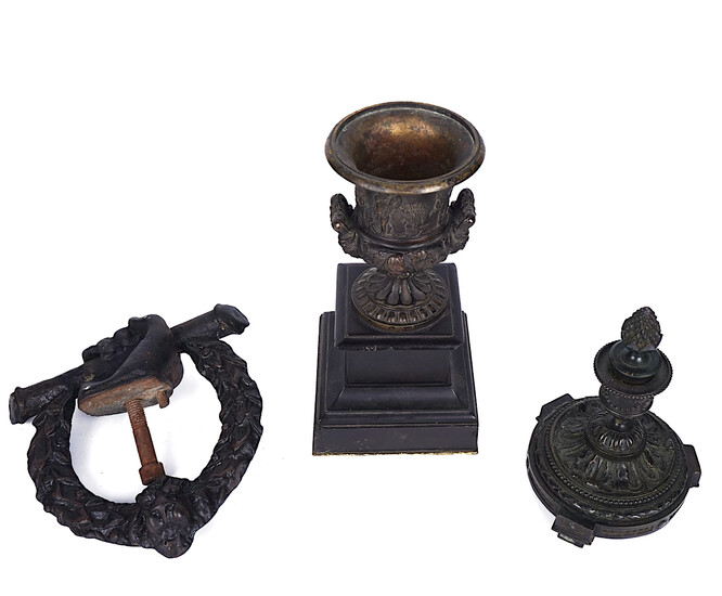 A FRENCH PATINATED BRONZE URN AND A LOUIS XVI STYLE CANDLESTICKS (3)